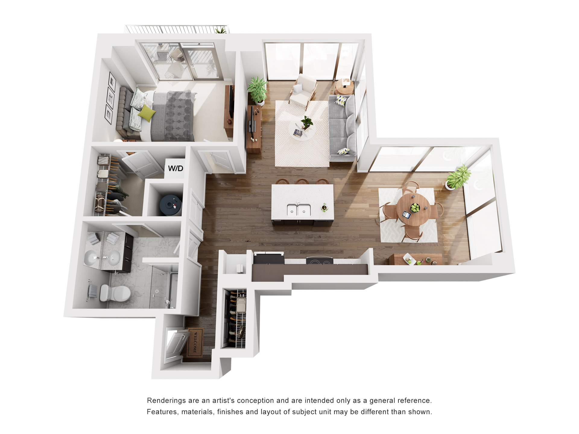 Floor plan for 1 bed, 1 bath, 760 sqft